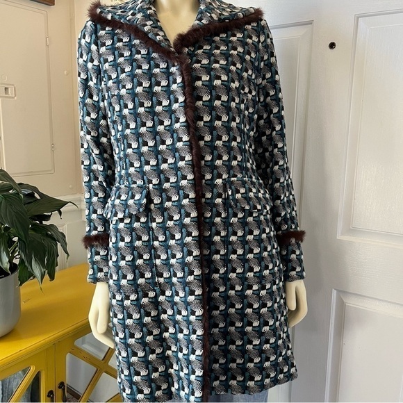 𝅺VINTAGE Nine West Wool Tweed Fur Trim Retro style Coat Teal Black White S - Picture 1 of 13